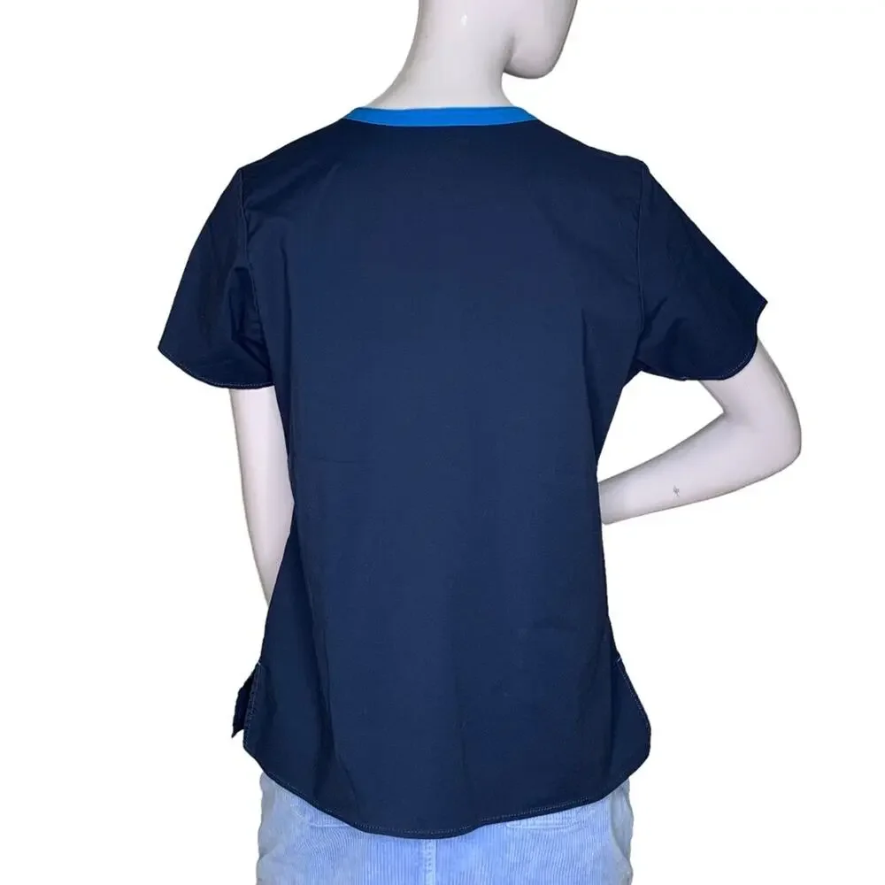 Wonder Flex Scrub Top Navy Blue Front Patch Pockets Size M
